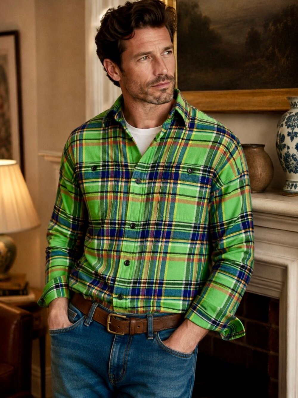 EUC Polo Ralph Lauren Lime Green Plaid Flannel Button Up Front Shirt Size LARGE